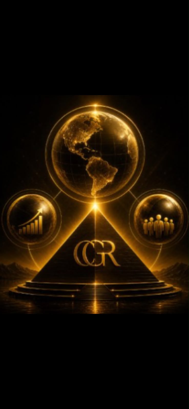 Símbolo do CGR — globo, pirâmide e ícones de crescimento e comunidade em dourado